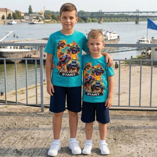 Детски комплект тениска Monster Race със състезателни камиони и тъмни бермуди
