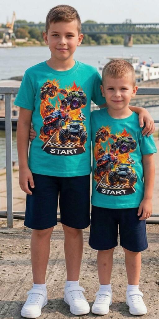 омплект за момче с тениска Monster Truck принт и удобни тъмни бермуди