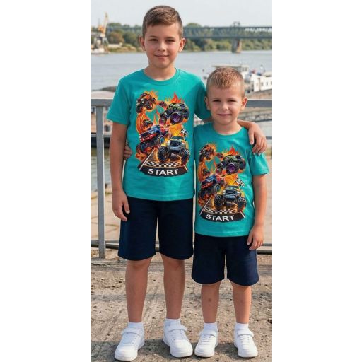 омплект за момче с тениска Monster Truck принт и удобни тъмни бермуди