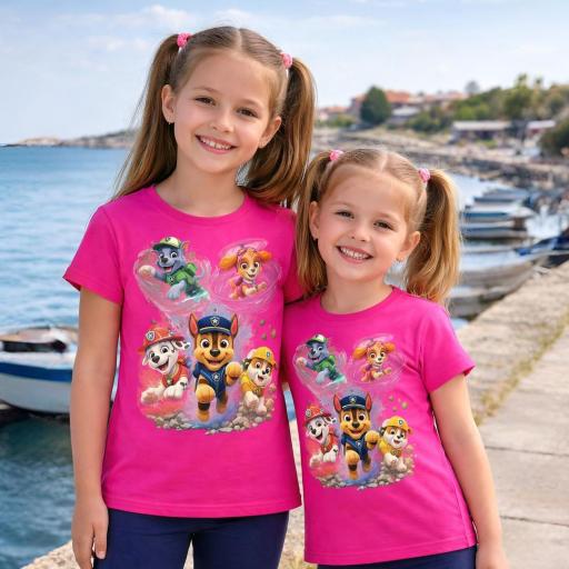 Цикламена детска тениска с весели анимационни кученца и цветна картинка.