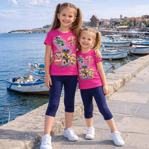 Детски комплект с цикламена тениска с кучешки герои и тъмен клин.