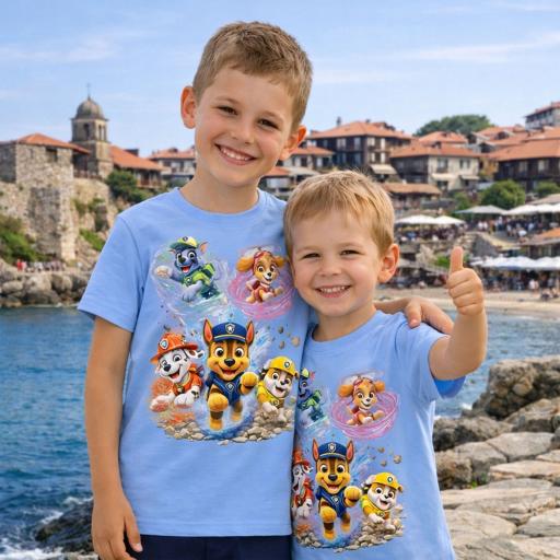 Синя детска тениска с героите от Пес Патрул и ярък DTF печат