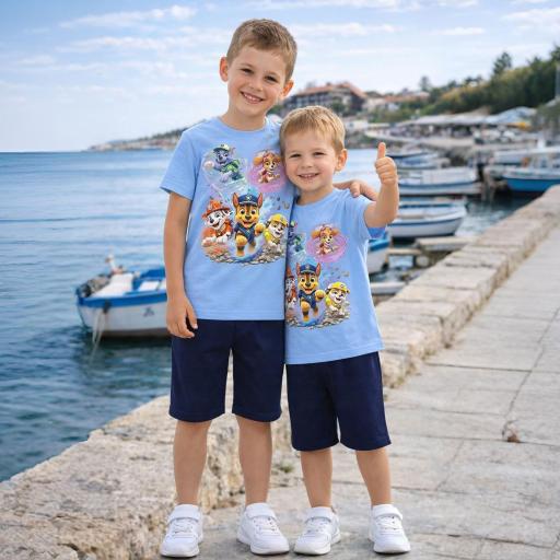 Детски комплект синя тениска Пес Патрул с DTF печат и тъмни бермуди