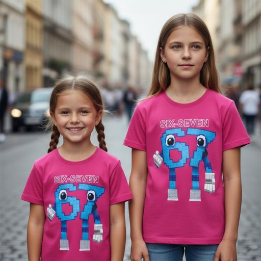 Детска цикламeна тениска Six-Seven 67 с весел пикселен герой и цветен DTF печат