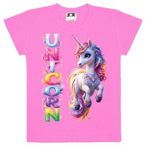 Модерна детска тениска с еднорог и пъстър надпис UNICORN