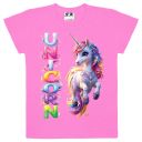 Модерна детска тениска с еднорог и пъстър надпис UNICORN