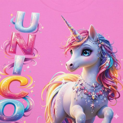 Розова детска тениска с цветен еднорог и надпис UNICORN с DTF печат
