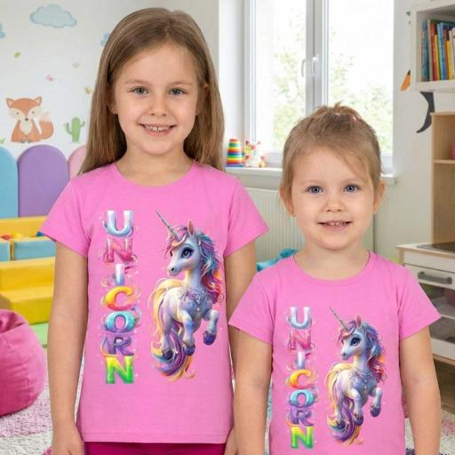 Детска тениска еднорог в розов цвят с блестящ и цветен дизайн