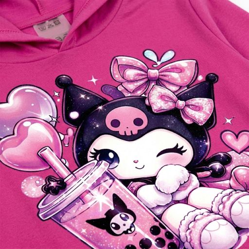 Детска цикламена блуза с качулка Kuromi с DTF печат