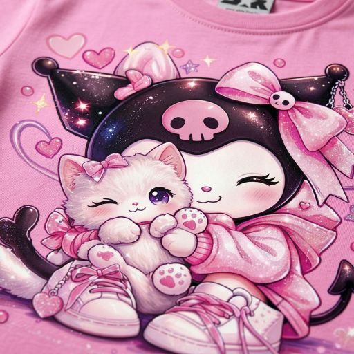Детска розова тениска Kuromi с котенце и DTF печат
