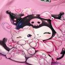 Детска розова тениска Kuromi с котенце и DTF печат