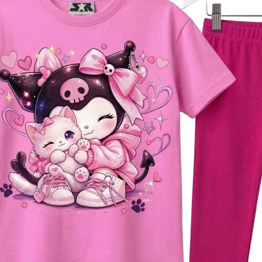 Детски комплект Kuromi с DTF печат и цикламен клин