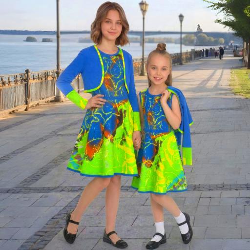 Пъстра детска рокля с болеро за момиче