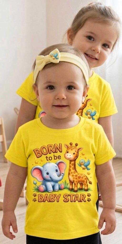 Тениска със слонче и жирафче в жълто