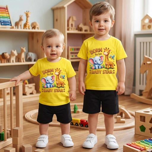 Комбинация 2 части (т/б) със слонче и жирафче в жълто.Комфорт и настроение в един комплект