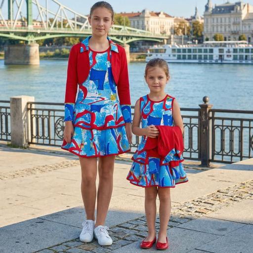 Рокля с болеро в светлосиньо с червени и сини орнаменти 2 ч