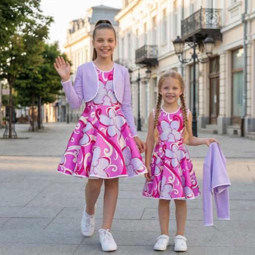 Рокля с болеро памук-сатен във виолетово и розово