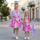 Рокля с болеро памук-сатен във виолетово и розово