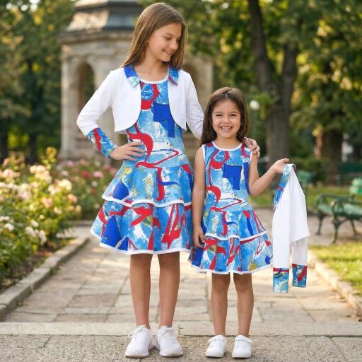 Рокля с болеро в светлосиньо с червени и сини орнаменти б.