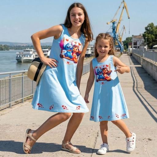 Рокля трапец с Лило и Стич в синьо