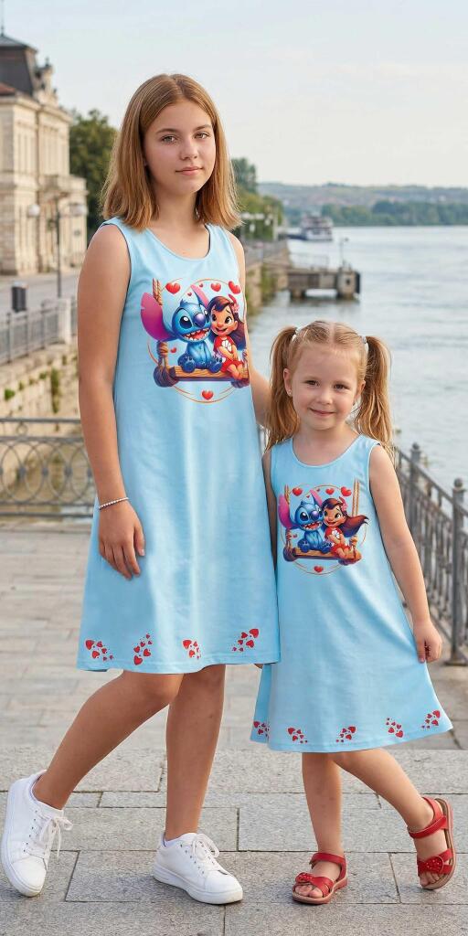 Рокля трапец с Лило и Стич в синьо