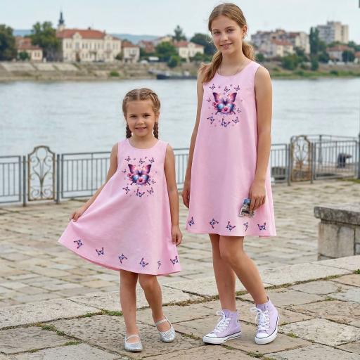 Рокля трапец с пеперуди в розово