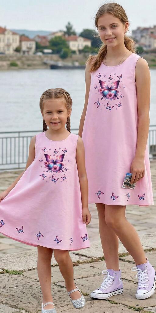 Рокля трапец с пеперуди в розово