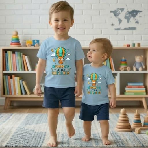 Детски комплект със светлосиня тениска с лисичка и тъмносини къси панталони