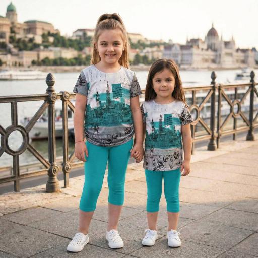 Детски комплект туника с градски дизайн и тюркоазен клин