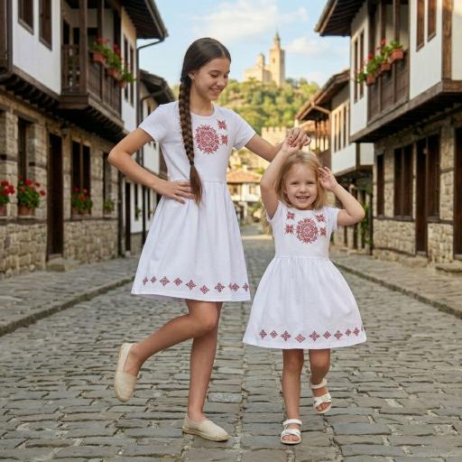 Бяла рокля с фолклорни орнаменти за деца