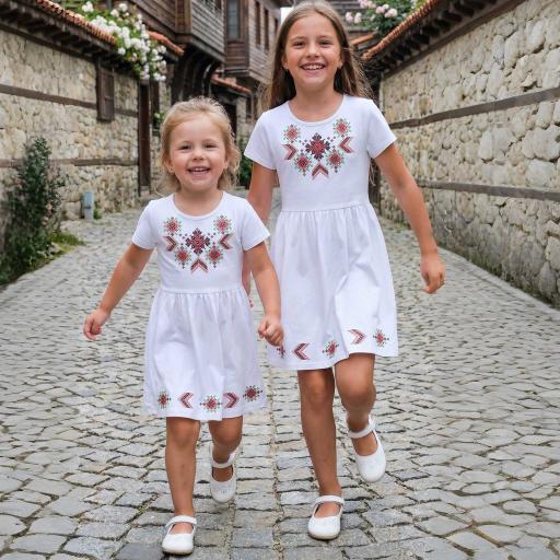 Детска бяла рокля с българска шевица и къс ръкав