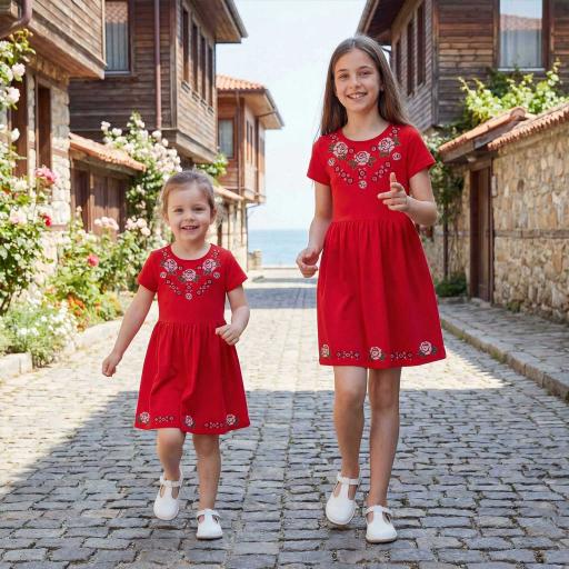 Детска рокля с българска шевица в червено