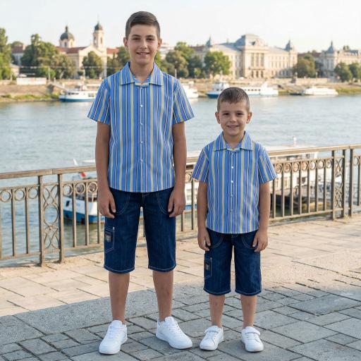 Детски комплект риза райе с къс ръкав и дънкови бермуди 3/4