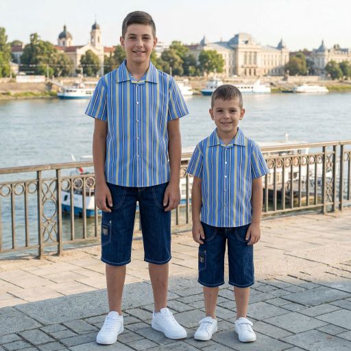Детски комплект риза райе с къс ръкав и дънкови бермуди 3/4
