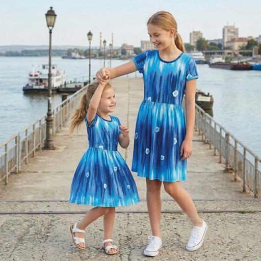 Детска синя рокля с преливащ десен и разкроена кройка