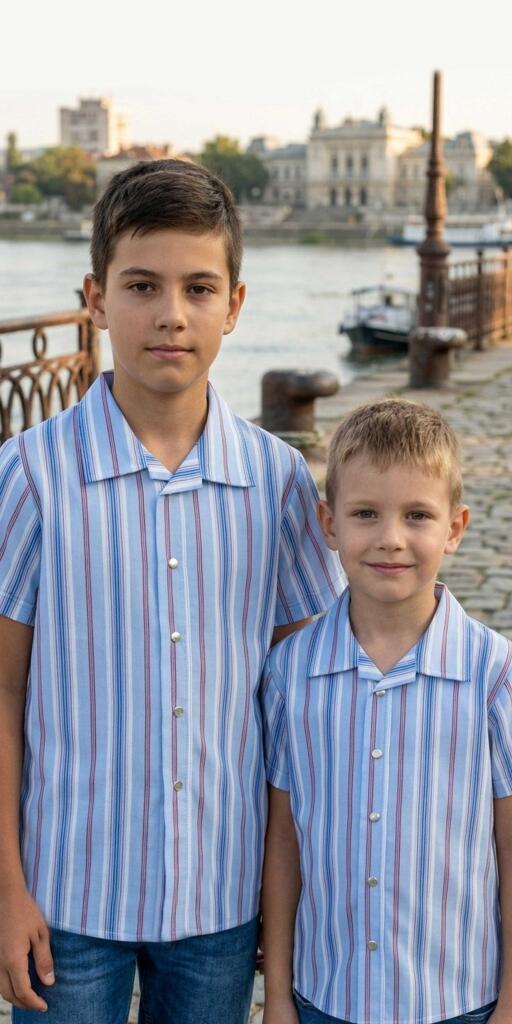 Риза спортно-елегантна райе в синьо и червено