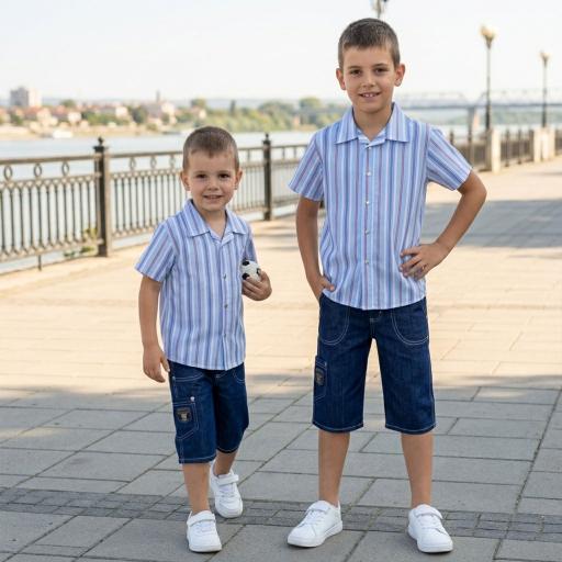 Комбинация 2 части (р/б) райе в синьо и червено