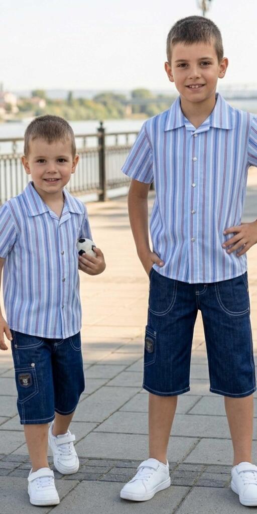 Комбинация 2 части (р/б) райе в синьо и червено