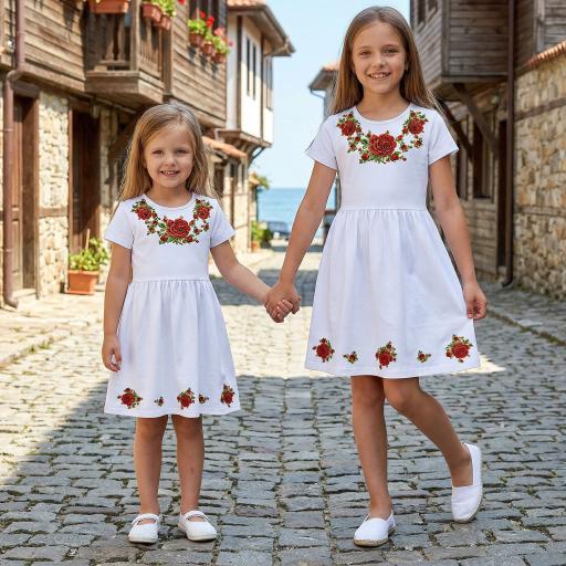 Детска бяла рокля с красивата българска роза и къс ръкав