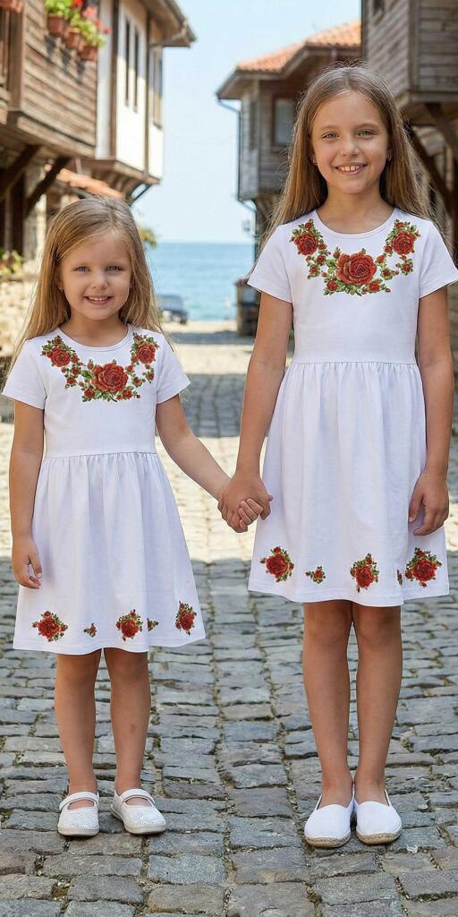 Рокля с българска роза в бяло