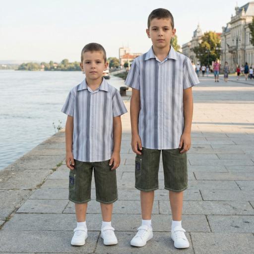 Детски комплект риза райе с къс ръкав и дънкови бермуди 3/4