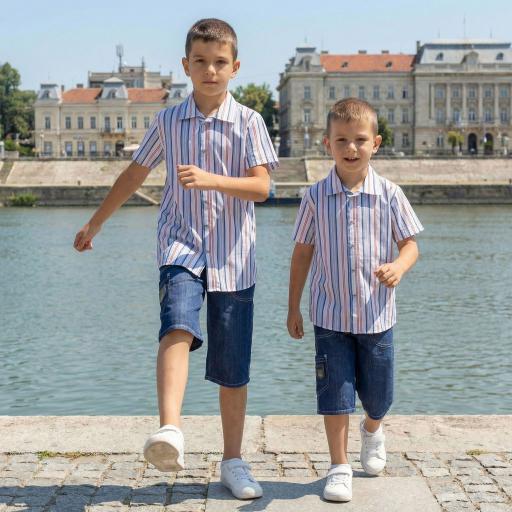 Риза с райе и дънкови бермуди за момче