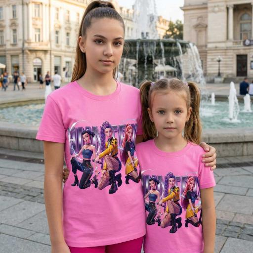 Детска розова тениска с къс ръкав и DTF печат Huntrix