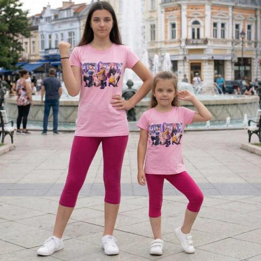 Детски комплект розова тениска и клин 7/8 в циклама с DTF печат Huntrix
