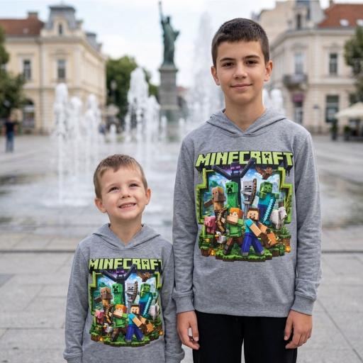 Сива детска блуза с качулка и DTF печат в стил Minecraft