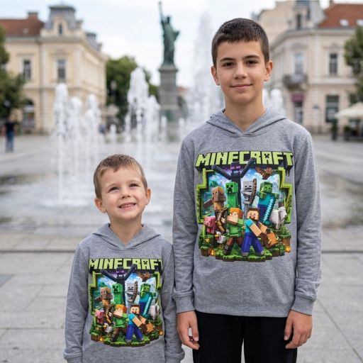 Сива детска блуза с качулка и DTF печат в стил Minecraft