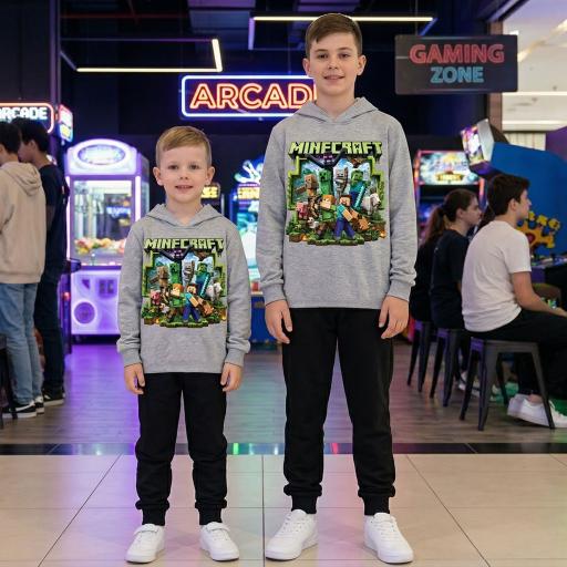Детски комплект сива блуза с качулка и тъмно долнище с DTF печат Minecraft