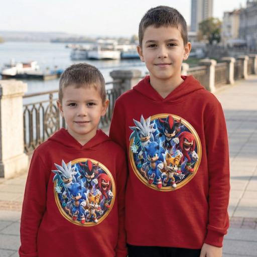 Детска блуза с качулка в керемиден цвят с DTF печат на герои