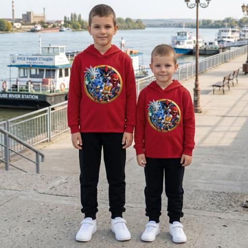 Детски комплект блуза с качулка керемидена и тъмно долнище с DTF печат