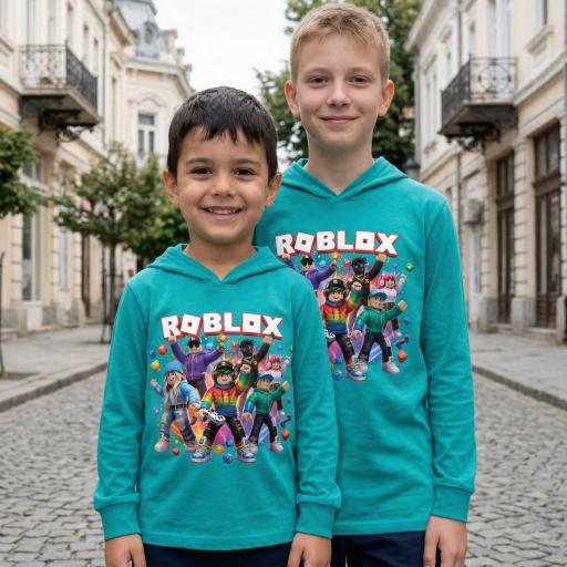 Детска блуза с качулка тюркоаз с DTF печат Roblox